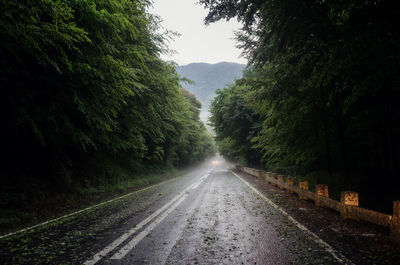 Empty road amidst trees against sky during rainy season