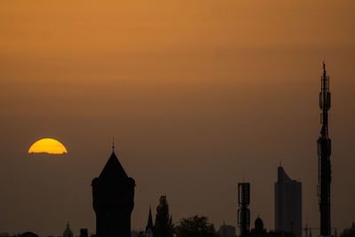 Silhouette of city at sunset