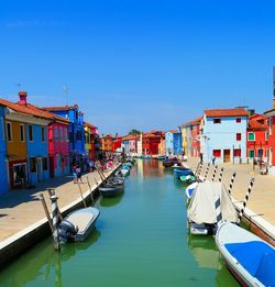 Boats moored at canal with houses in background