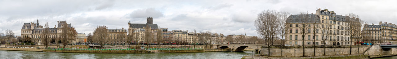 Panoramic view of buildings against cloudy sky