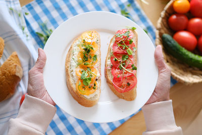 High angle view of food in plate on table