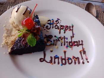 High angle view of dessert in plate on table