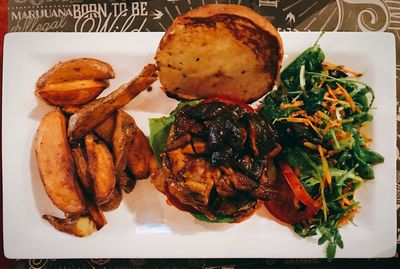 High angle view of food served on table