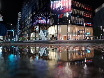Reflection of buildings in city at night