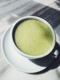 High angle view of tea in bowl on table