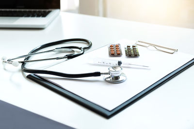 High angle view of medical equipment on table