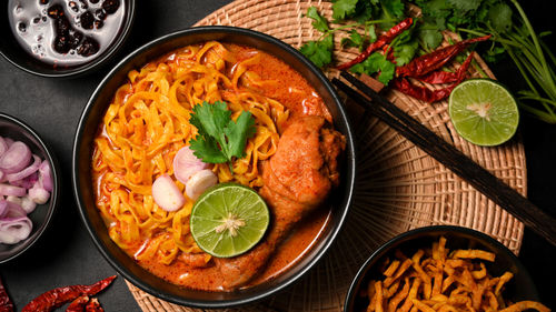 High angle view of food on table