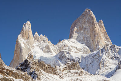 Scenic view of fitz roy against clear blue sky