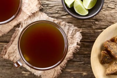 High angle view of tea served on table
