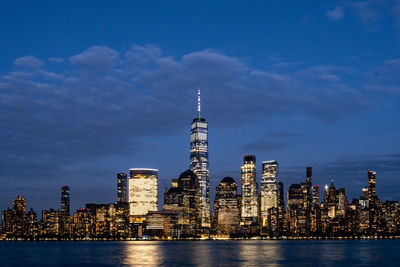 View of lower manhattan skyline at sundown