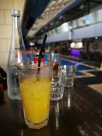 Close-up of beer glass on table