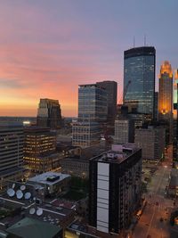 Downtown sunset view of minneapolis from a 26 story apartment 