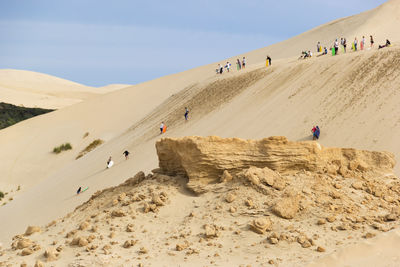 People on sand dune in desert