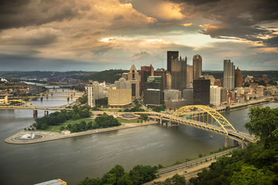 Bridge over river amidst buildings in city against sky