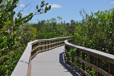 Footbridge over footpath against sky