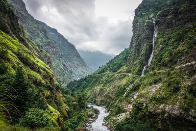 Scenic view of waterfall against sky