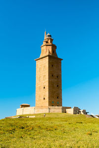 Low angle view of lighthouse against clear blue sky