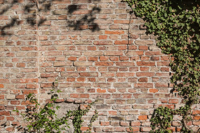 Low angle view of brick wall against building