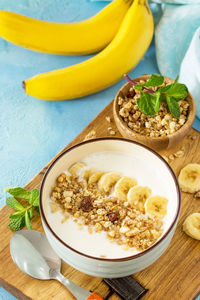 High angle view of breakfast served on table