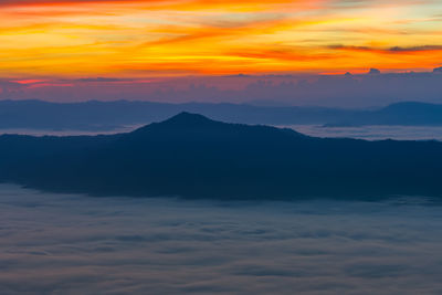 Scenic view of cloudscape and mountains during sunset