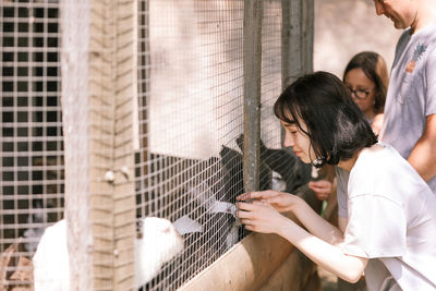 A girl feeds rabbits on a farm