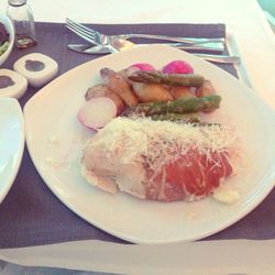 High angle view of food in plate on table