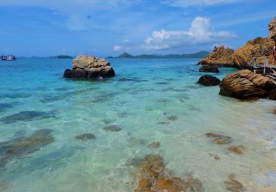 Scenic view of rocks in sea against sky