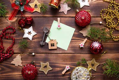 High angle view of christmas decorations on table