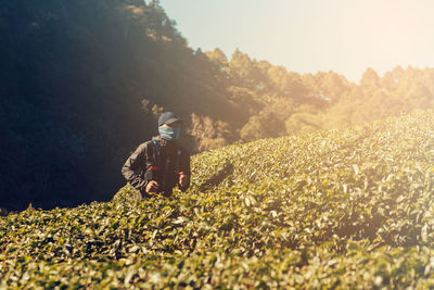 Man on field by trees against sky