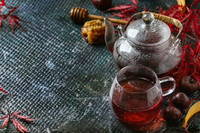 High angle view of tea on table