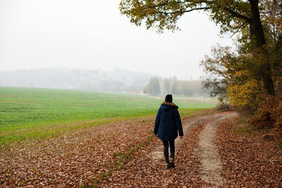 Rear view of man walking on field