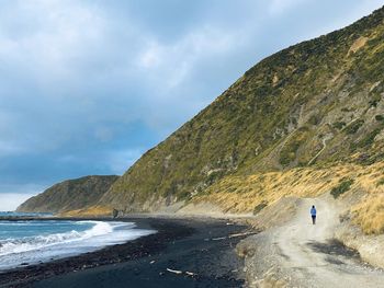 Rear view of girl walking on beach against mountain