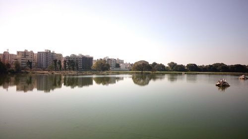 Reflection of trees in lake against clear sky