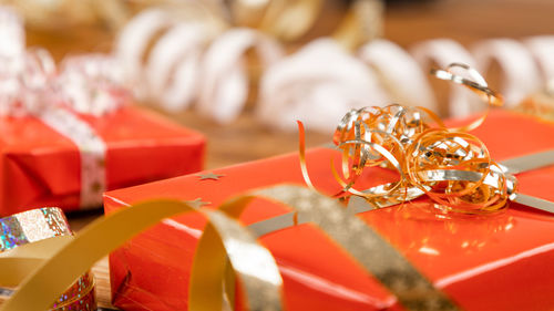 Close-up of wedding rings on table