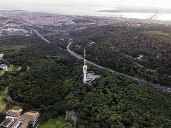 High angle view of statue amidst trees against sky