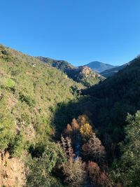 Scenic view of mountains against clear blue sky