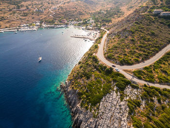 Aerial view of sea and road on mountain