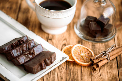 High angle view of coffee in glass on table