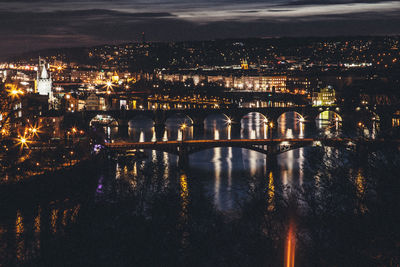 High angle view of illuminated cityscape