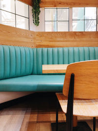 Empty chairs and table in restaurant