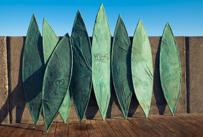 Low angle view of wood against clear blue sky