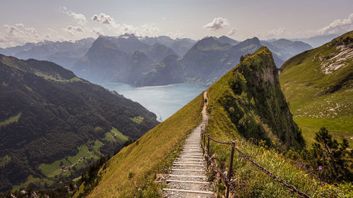 Panoramic view of land and mountains against sky