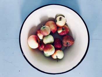 High angle view of fruits in bowl on table