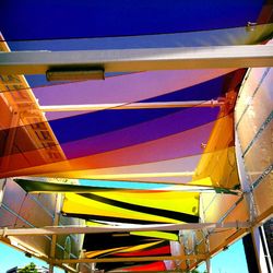 Low angle view of colorful balloons against blue sky