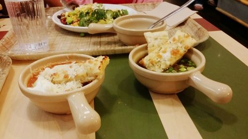 High angle view of food served on table