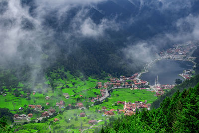 Panoramic shot of townscape against sky. uzungol landscape in trabzon.