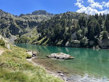 Scenic view of lake and mountains against sky