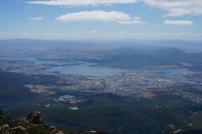 Aerial view of landscape and mountains against sky