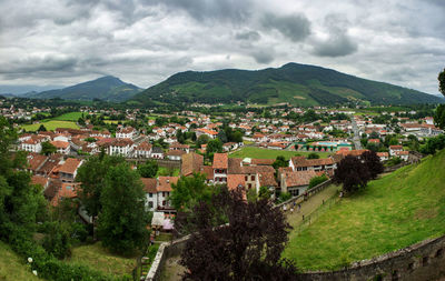 High angle view of city against cloudy sky