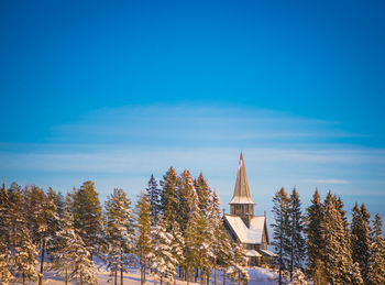 Pine trees and church against sky during winter